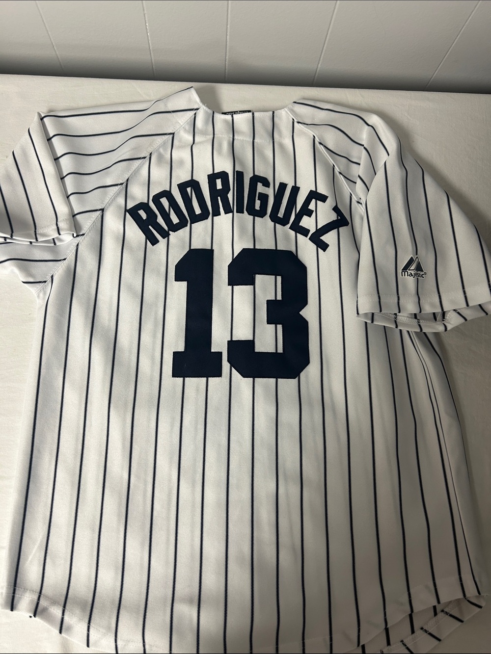 Majestic White & Navy Pinstripe Rodriguez #13 Baseball Jersey 14/16